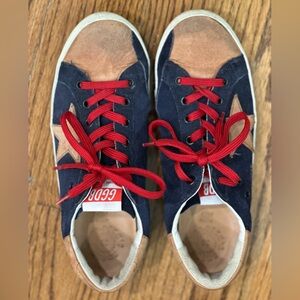 Golden Goose Navy and Tan Sneakers with Red Laces